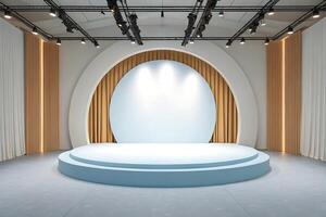 an empty stage with a spotlight and a blue circle photo