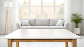 white table in front of a couch in a room photo