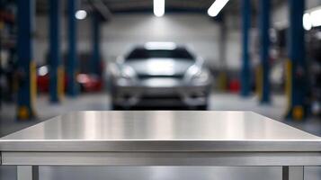 a table in a garage with a car in the background photo