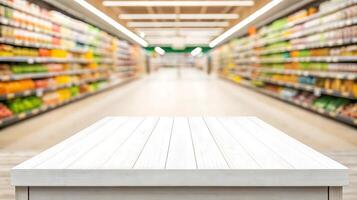 empty white table in supermarket aisle with blurred background photo