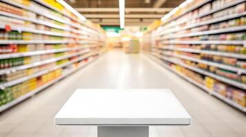 an empty white table in a supermarket aisle photo