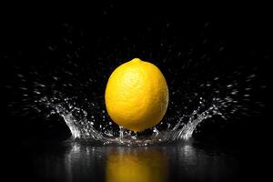 a lemon is splashing water on a black background photo