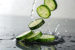 water splashing cucumber slices into the water photo