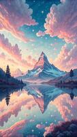 a painting of mountains and water with clouds photo