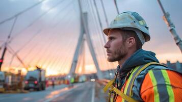 A man in a hard hat and safety vest standing on a bridge photo