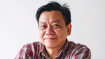 A man with black hair and a plaid shirt photo