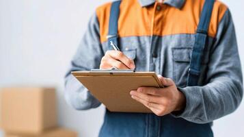 A man in overalls is writing on a clipboard photo
