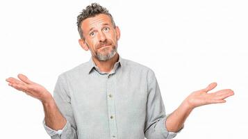A man is standing with his hands out and looking confused photo
