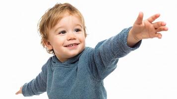 Joyful Toddler Smiling and Reaching Out Against White Background photo