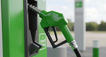 A green gas pump is shown with a green nozzle photo