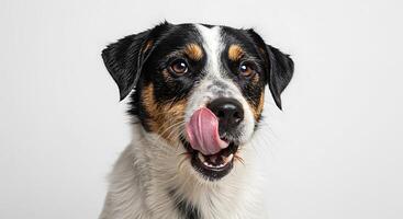 A dog with its tongue out on a white background photo