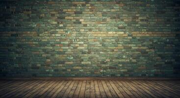 An empty room with a brick wall and wooden floor photo
