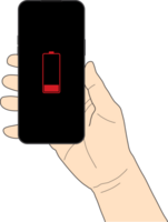 illustration of a right hand holding a smartphone displaying a red color icon low battery icon transparent background. Concept of low power device, energy efficiency, mobile technology. png