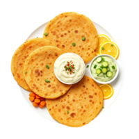 A plate with four flatbreads and a dip png