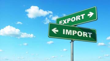 Green directional road signs showing Export and Import pointing in opposite directions against blue sky with clouds, symbolizing international trade and commerce photo