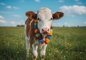 A cow with a colorful flower garland on its neck photo