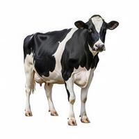 A black and white cow is standing in front of a white background photo