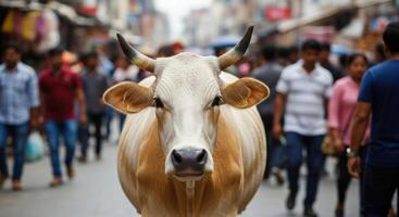 A cow is walking down the street with people in the background photo