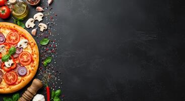 Pizza with fresh ingredients on a black background photo