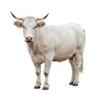 A white cow is standing in front of a white background photo
