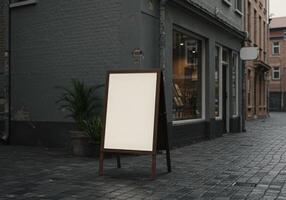 A blank sign on a brick street photo
