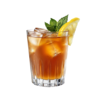 A glass of ice tea with a lemon slice and mint leaf on top isolated on a transparent background png