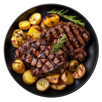 black plate of grilled beef steaks and potatoes top view isolated on a transparent background png