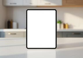 Tablet with blank screen on kitchen counter photo
