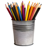 A group of pencils in a metal container isolated on a transparent background png