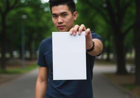A man holding up a blank piece of paper photo