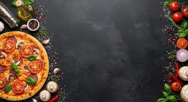 Pizza with different ingredients on a black background photo