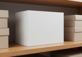 White box mockup on shelf with boxes photo
