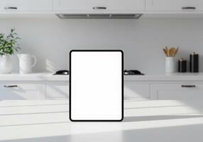 White tablet on kitchen counter with kitchen appliances photo