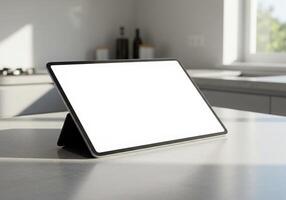 Tablet mockup on kitchen counter with kitchen window photo