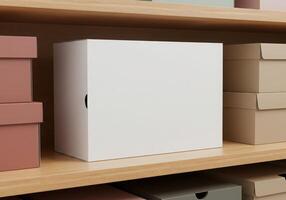 A shelf with many boxes on it photo
