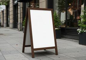 A blank white board is sitting on the sidewalk photo