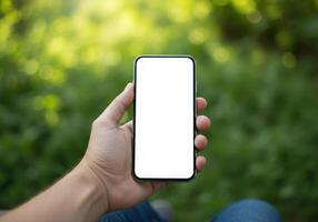 Man holding smartphone with blank white screen in the nature photo