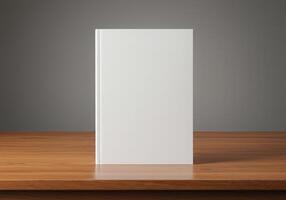 Blank book on table with wooden surface photo