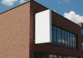 A white billboard is mounted on a brick building photo
