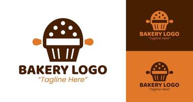 Simple and Elegant Bakery Logo with Rolling Pin and Cupcake vector