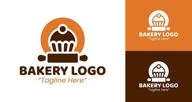 Modern Bakery Logo with Cupcake and Rolling Pin Design vector