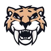 Saber-Toothed Tiger Head with Orange Fur, Spots, and Large Fangs ideal for wild animal branding and competitive team identity vector