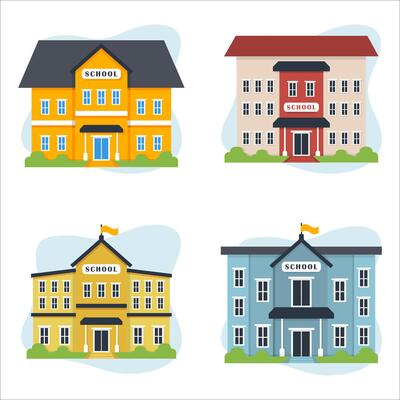 school building set of four different colored buildings