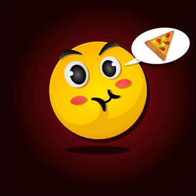Cute Hungry face emoji with bubble chat and pizza in flat design style