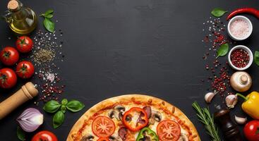 Pizza with ingredients on a black background photo