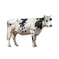 A cow with black and white spots standing in front of a white background photo