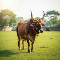 A cow with a colorful headdress standing in a field photo
