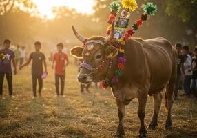 A cow with a decorated head standing in a field photo