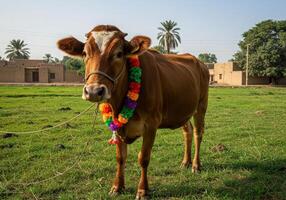 A cow with a garland around its neck photo
