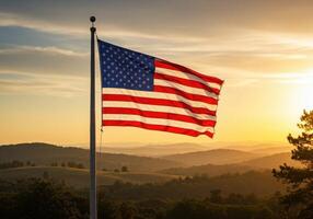 American flag flying in front of a beautiful sunset photo